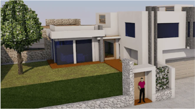 Render de casa contemporánea con muros de piedra
